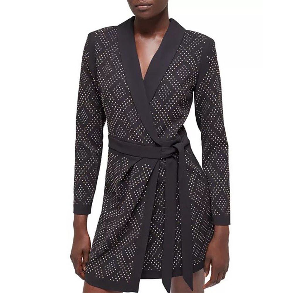 NEW THE KOOPLES Size 1 Studded Wrap Mini Dress Party Cocktail Black Silver $525